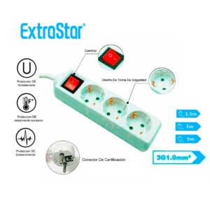 Regleta alargador con 3 enchufes e interruptor Extrastar