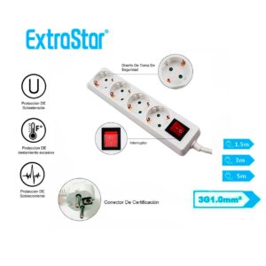Regleta alargador blanco con 4 enchufes e interruptor Extrastar