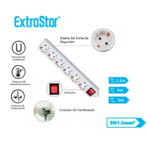 Regleta alargador blanco con 6 enchufes e interruptor Extrastar