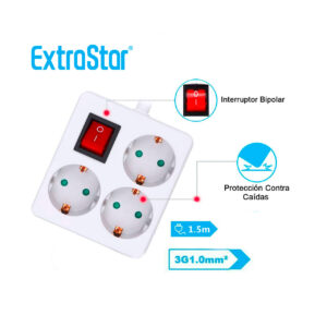 Regleta alargador cuadrado blanco 3 bases con Interruptor 1.5 m Extrastar