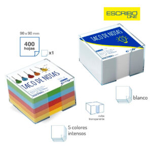 Notas 90x90mm Escribo taco 400 hojas con cubo transparente 5 colores intensos & blanco